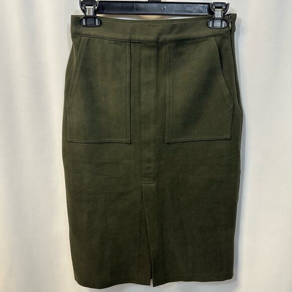 Anthropologie JOA Dark Green Olive Skirt Front Slit Knee Length Skirt Small NWT - Picture 1 of 6